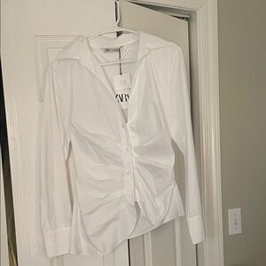Zara Crisp White Ruched Shirt